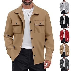 Men's Lightweight Jacket Cargo Jacket Casual Jacket Daily Vacation Warm Pocket Spring Fall Plain Fashion Classic Lapel Regular Black Red Khaki Light Grey Dark