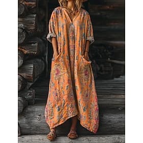 Women's Maxi Dress A Line Dress Vacation Casual Daily Regular Fit Floral Graphic Paisley Long Sleeve V Neck Blue Deep Green Yellow Pink Summer Spring Fall