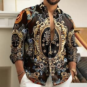 Men's Floral Print Baroque Shirt Button Up Shirt Long Sleeve Vintage Retro Holiday Casual Daily Spring Fall Turndown 3D Print Collared Shirts Blue Yellow Green