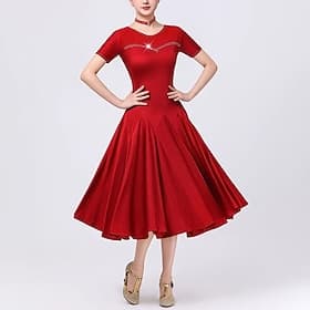 Latin Salsa Dance Dress Rhinestones Women's Performance Training Short Sleeve Rumba Tango Dancewear Costumes