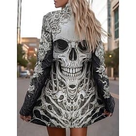 Women's Coat Lightweight Comfortable Skulls Print Vintage Artistic Casual Skull Casual Long Collarless Regular Fit Long Sleeve Outerwear Black White Brown Spri
