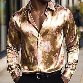 Men's Floral Print Rose Flowers Shirt Satin Shirt Dress Shirt Long Sleeve Vintage Retro Vacation Dailywear Summer Spring Fall Turndown 3D Print Button Up Shirt thumbnail 2