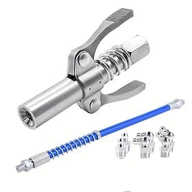 Self-Locking High-Pressure Grease Gun Kit with Dual Handle Coupler, Heavy-Duty Locking Grease Gun Adapter and 11.81inch Flexible Spring Hose, Compatible with A