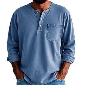 SoftFade™ Men's Henley Shirt Tee 100% Cotton Acid Wash Shirt Henley Top Long Sleeve Solid Color Plain Vintage Fashion Retro Faded Buttons Henley Casual Daily O