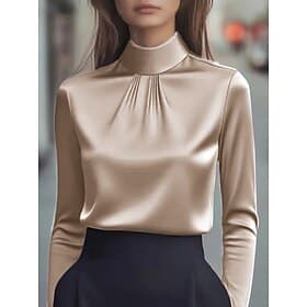 Women's Elegant Dressy Satin Top Blouse Plain Elegant Daily Stylish High Neck Regular Tops Daily Black White Purple Khaki Fall