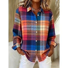 Women's Shirt Blouse Patchwork Buttons Print Plaid Casual Long Sleeve Shirt Collar Regular Tops Daily Blue Light Green Pink Red Orange Spring Fall Winter