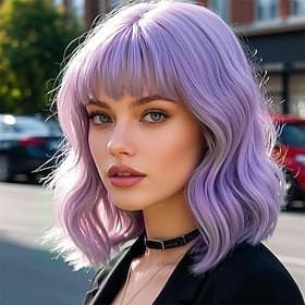 lila Perücke mit Pony, weich, kurzer Bob, gewellte Perücken für Frauen, synthetische, schulterlange Damen-Lockenperücken für Halloween-Kostüme, Cosplay, Alltag