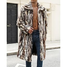 Men's Casual Jacket Faux Fur Coat Vacation Daily Thermal Warm Plush Fall Winter Color Block Fashion Streetwear Lapel Long Brown Jacket