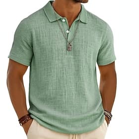 Men's Linen Shirt Polo Shirts Casual Vacation Classic Short Sleeve Fashion Solid Color Buttons Summer Spring Regular Fit Black White Light Green Gray Navy Blue