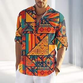 Men's Print T Shirt Henley Shirt Long Sleeve Designer Retro Vintage Trendy Street Casual Daily Summer Spring Fall Yellow Red Orange Henley Henley T-Shirt