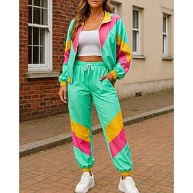 Women's Zip Up Sweatshirt 80s Sportswear 2 Piece Tracksuit Baggy with Pocket Color Block Clothing Suit Fall Green Hiking Vocation Outdoor Lightweight Long Slee