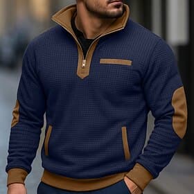 Men's Zip Up Sweatshirt Waffle Sweatshirt Pullover Black Navy Blue Half Zip Plain Pocket Work Sports  Outdoor Casual Active Vintage Cool Spring Fall Clothing A