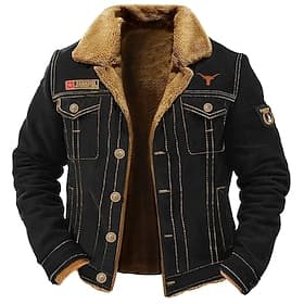 Men's Embroidered Cow Print Fleece Jacket Cargo Jacket Sherpa Jacket Tactical Thermal Warm Vintage Outdoor Home Multiple Pockets Winter Coats Fall Winter Fleec