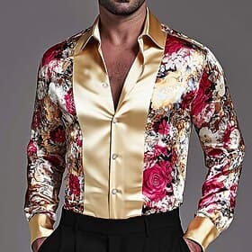 Men's Floral Print Rose Flowers Shirt Satin Shirt Dress Shirt Long Sleeve Vintage Retro Vacation Dailywear Summer Spring Fall Turndown 3D Print Button Up Shirt