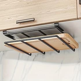 Space-Saving Stainless Steel Kitchen Hook Rack with Cabinet Door Hanger, Durable Easy-to-Install Cutting Board and Pot Lid Organizer for Kitchen and Bathroom E