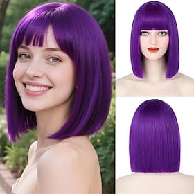 Purple Bob Wig With Bangs Short Straight Dark Purple Bob Wigs for Women Shoulder Length Heat Resistant Synthetic Flat Bang Wigs for Daily Party Cosplay Hallowe