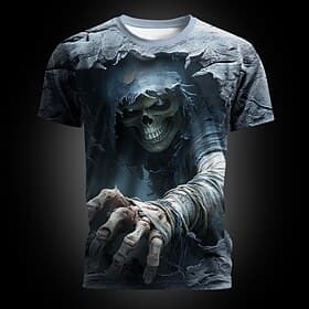 Men's Optical Illusion Grim Reaper 3D T Shirt Short Sleeve T shirt 3D Print Crew Neck Shirt Exaggerated Designer Horror Club Party Street Black 1 Black 3 Black
