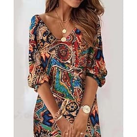 Women's Mini Dress Shift Dress Sheath Dress Party Casual Boho Daily Birthday Cocktail Party Regular Fit Floral Graphic Tribal Long Sleeve V Neck Brown Spring F