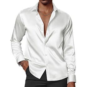 Men's Shirt Satin Shirt Dress Shirt Casual Shirt Button Up Shirt Untucked Shirts Plain Formal Wedding Black White Wine Green Long Sleeve Lapel Spring   Fall Al