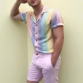 Men's Shirt Summer Shirt Cuban Collar Shirt Button Up Shirt Camp Collar Shirt Purple Rainbow Short Sleeve Graphic Prints Turndown Street Casual Button-Down Clo