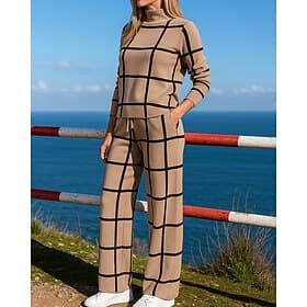 Women's Pullover Sweatsuit Sets 2 Piece Tracksuit Lounge Outfits with Pocket Plaid Checkered Clothing Suit Fall White Green Hiking Vocation Outdoor Fashion Lo