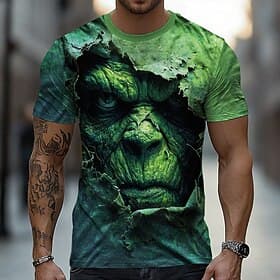 Men's Optical Illusion 3D Monster T Shirt Short Sleeve T shirt 3D Print Crew Neck Shirt Exaggerated Designer Horror Party Street Holiday Green Summer Spring Al