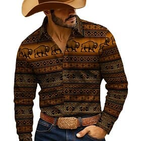 Men's Buffalo Plaid Cowboy Indian Culture Shirt Western Shirt Button Up Shirt Long Sleeve Vintage Retro Outdoor Casual WorkWear Spring Fall Turndown 3D Print C