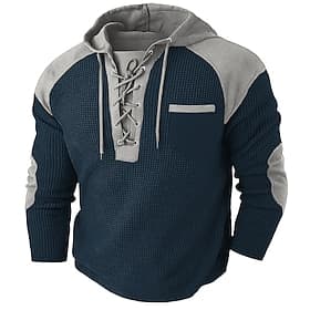 Men's Waffle Tee Waffle Henley Shirt Shirts With Elbow Patches Long Sleeve Hooded Spring   Fall Solid Color Fashion Drawstring Pockets Patchwork Casual Outdoor
