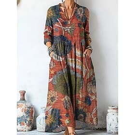Women's Maxi Dress A Line Dress Vacation Casual Boho Going out Beach Loose Fit Floral Graphic Long Sleeve V Neck Light Yellow Light Pink Pink Purple Summer Spr