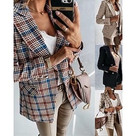 Women's Blazer Comfortable Pocket Elegant Fashion Outdoor Lattice Going out Casual Daily Weekend Cardigan Regular Lapel Regular Fit Long Sleeve Outerwear Black