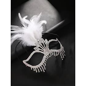 Women's Gatsby Feather Masquerade Mask with Rhinestones - Elegant Costume Accessory for Halloween Party, Cocktail Event and 1920s Themed Ball