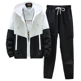 Herren 2-teiliger Trainingsanzug Lounge-Hoodie Trainingsanzug-Sets Reißverschluss Farbblock Kombination Frühling Herbst Schwarz Blau Fitnessstudio Training Lau