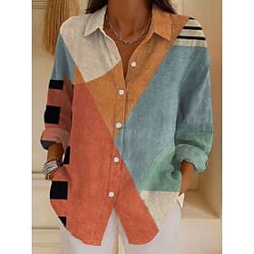 Women's Shirt Linen Like Breathable Lightweight Graphic Geometric Abstract Vintage Tropical Daily Long Sleeve Shirt Collar Regular Tops Daily Holiday Print Bla