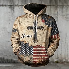 Men's American Flag Jesus Hoodie Fashion Daily Casual Long Sleeve Hooded Vacation Party Streetwear Festival Khaki Printing Fall Winter Designer S M L XL 2XL 3X