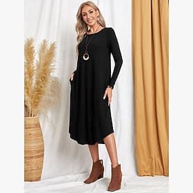 Women's Midi Dress T Shirt Dress Tee Dress Shift Dress Casual Boho Daily Sports Going out Loose Fit Plain Long Sleeve Crew Neck Black Red Blue Gray Spring Fall