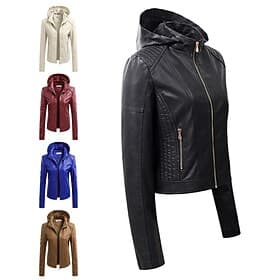 Women's Faux Leather Jacket Biker Jacket Warm Comfortable Zipper Pocket Casual Solid Color Vacation Street Casual Daily Wear Short Hooded Regular Fit Long Slee