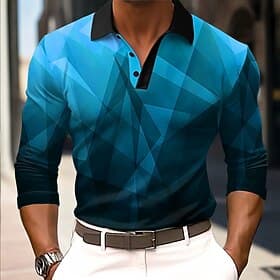Men's Geometic Polo Long Sleeve Polo Shirts Collared Shirts Business Casual Business Athleisure Daily Wear 3D Print Buttons Spring Fall Winter Blue Purple Oran