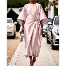 Per donna Abito Midi Abito in Raso Abito Semi-Formale Elegante Moda Moderno Quotidiano Data Weekend Vestibilità regolare Semplice Mezza Manica Girocollo Rosa V