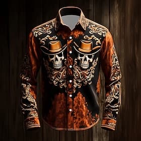 Men's Paisley Skull Day of the Dead Shirt Western Shirt Cowboy Shirt Long Sleeve Ethnic Vintage Retro Outdoor Vacation Spring Fall Turndown 3D Print Linen Like