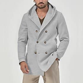 Men's Peacoat Trench Coat Vacation Daily Fall Winter Polyester Comfortable Outerwear Clothing Apparel Fashion Classic Plain Pocket Hooded Double Breasted
