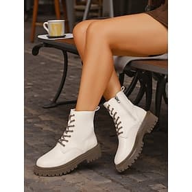 Korean Idol Inspired Pop Star Costume Shoes, Women's White Faux Leather Lace-Up Ankle Boots with Side Zipper and Chunky Sole – Stylish Combat Boots for Kpop, S