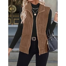 Women's Fleece Vest Comfortable Breathable Zipper Casual Plain Vacation Street Casual Daily Wear Zipper Short Turndown Regular Fit Sleeveless Outerwear Black R