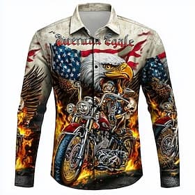 Men's Hellfire Flames American US Flag Eagle Shirt Button Up Shirt Long Sleeve Vintage Retro Outdoor Casual Holiday Spring Fall Turndown 3D Print Collared Shir