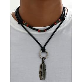 Men's Layered Feather Pendant Necklace, Adjustable Alloy Tribal Boho Choker Jewelry for Parties, Festivals and Casual Wear