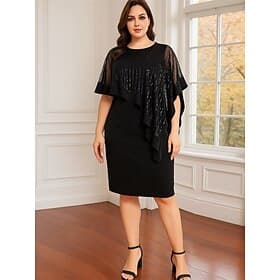 Sheath Column Knee Length Party Dress Cocktail Dress Wedding Guest Dress Mother of the Bride Dress Half Sleeve Crew Neck Black Dress Plus Size Sparkle  Shine F