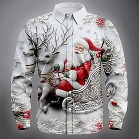 Christmas Men's Santa Claus Reindeer Christmas Costume Shirt Button Up Shirt Long Sleeve Funny Outdoor Holiday Spring Fall Turndown 3D Print Linen Like Shirt W