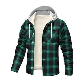 Men's Fleece Jacket Casual Jacket Hoodie Jacket Vacation Daily Thermal Warm Pocket Fleece Fall Winter Plaid Fashion Streetwear Hooded Regular Black Green Dark