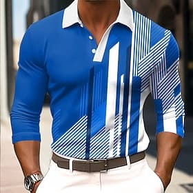 Men's Geometic Polo Long Sleeve Polo Shirts Collared Shirts Business Casual Business Athleisure Daily Wear 3D Print Buttons Spring Fall Winter Red Blue Orange