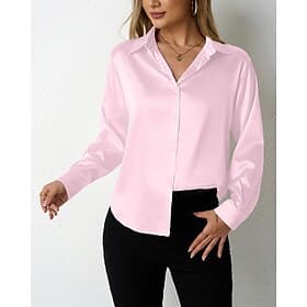 Women's Shirt Elegant Dressy Satin Top Buttons Solid Color Stylish Casual Long Sleeve Shirt Collar Regular Tops Daily Going out Pink Wine Beige Rose Pink Sprin