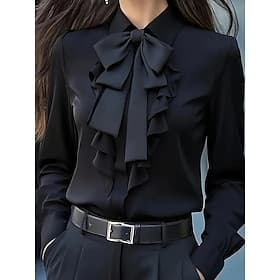 Women's Elegant Dressy Satin Top Blouse Ruffle Bow Plain Elegant Long Sleeve Shirt Collar Regular Tops Daily Black White Red Gray Fall